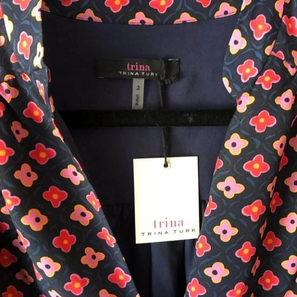 Trina Turk Dress Pink Floral Tie- Sleeve Button Front Blouson Dress Size 2 NWT - Picture 3 of 12